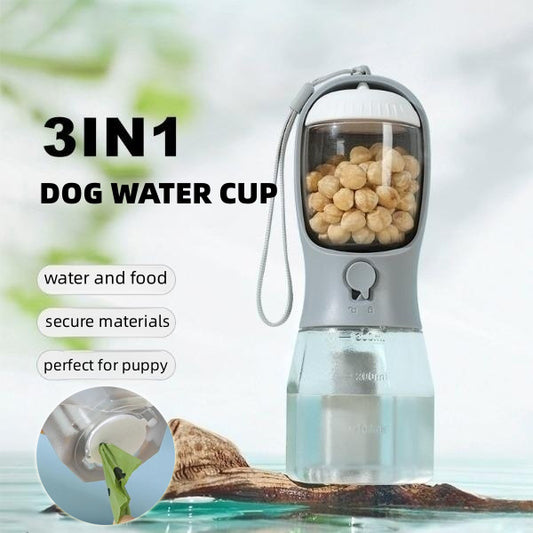 3-in-1 Dog Travel Cup | Water, Food & Waste Bag Dispenser